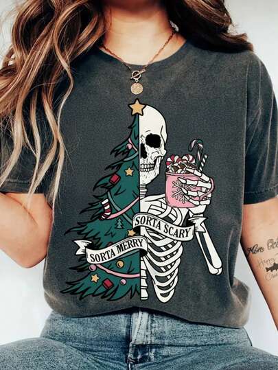 EMERY ROSE Christmas Tree & Skeleton Print Round Neck Short Sleeve Plus Size T-Shirt