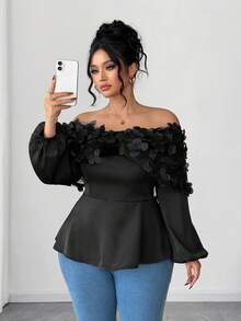 Elenzga Abito lungo con maniche lunghe, scollo a spalle scoperte, balze sul fondo, in jacquard floreale, elegante, adatto per la scuola, appuntamenti e uscite in autunno/inverno, taglie comode - nero - Visualizzare 5