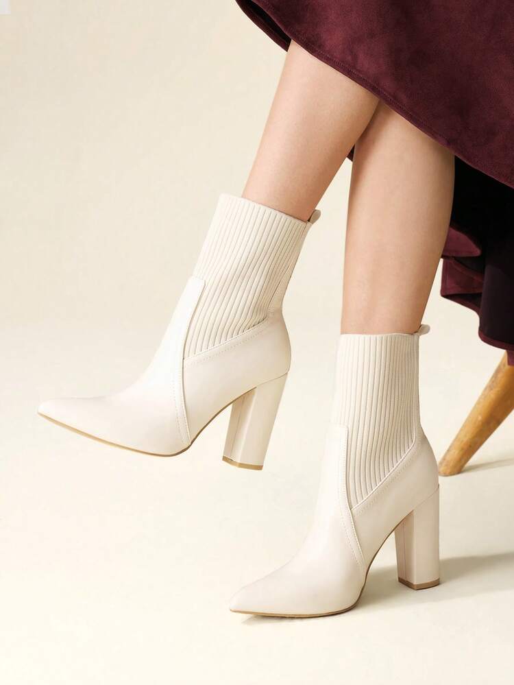 CUCCOO BASICS Women's Pointed Toe Chunky Heel Beige Fashion Elegant Commute Simple Daily All-Match Versatile Knit Mid-Calf Ankle Boots For Christmas Spring Shoes