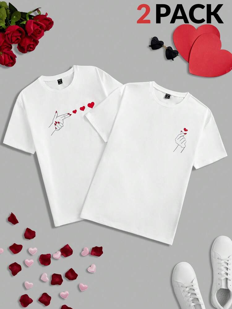 2pcs Men's Gesture & Pen Print T-Shirts Set