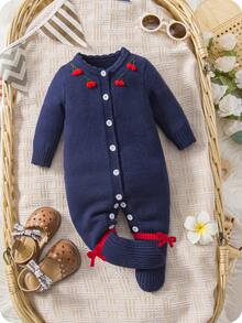SHEIN Baby Girl Blue Knitted Sweater Jumpsuit With Embroidered And Bow Decorations And Patterns. For Spring, Autumn And Winter. - Royal Blue - View 6
