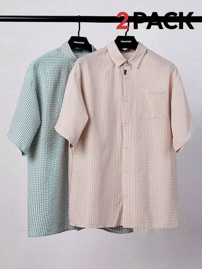 Mainfolk 2pcs Men's Plaid Short Sleeve Shirt With Pocket, Woven Casual Shirt, Pack Of Several