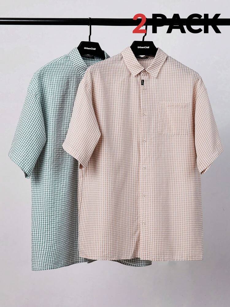 2pcs Men's Plaid Short Sleeve Shirt With Pocket, Woven Casual Shirt, Pack Of Several