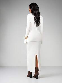 MISSGUIDED 高腰罗纹针织长款半身裙 长款直筒毛衣裙 秋冬修身包臀裙 - 白色 - 查看 2