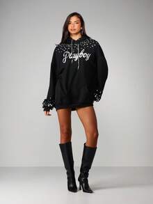 Missguided x Playboy Oversized Hooded Mini Dress With Encrusted Detailing Bunny Logo Print Drawstring Hood - Black - View 3