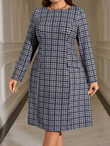 EMERY ROSE 大码优雅格纹收腰中长连衣裙，适合通勤。 - 彩色 - 查看 4