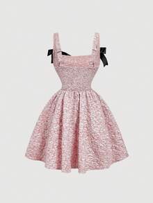 SHEIN MOD Vestido Mini com Alça de Corrente de Pérolas e Laço, Moda Feminina - Rosa chiclete - Visão 3