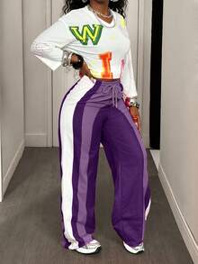 BamGleam 女士时尚撞色抽绳宽松裤 - 紫色 - 查看 6