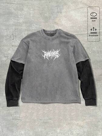 T-shirt casual gothique pour hommes, couleurs contrastées et patchwork, manches longues, automne