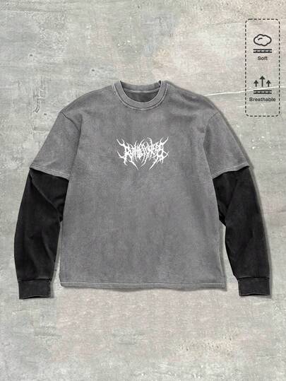 Street Life Men's Casual Gothic Contrast Color Patchwork T-Shirt, Autumn