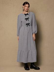 Freevana Váy kẻ caro nơ viền bèo nhún cỡ lớn, mùa thu - Đen và trắng - Xem 4