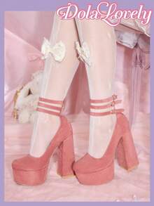 Dola Lovely 圣诞/感恩节女士粉色厚底防水坡跟玛丽珍鞋，洛丽塔风格，秋冬款 - 粉色 - 查看 3