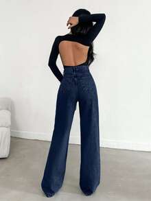 SHEIN Tall HIGH WAIST WIDE LEG LONG HEM BLUE JEAN - 716 GR - Dark Wash - View 2