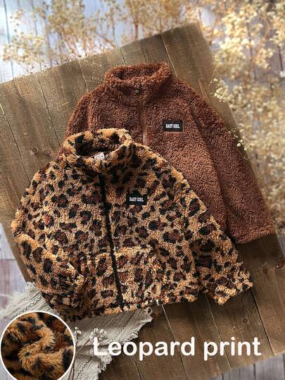 Emery Rose Kids Emery Rose Kids 2 st/set Unga flickor Casual Fluffig Leopardmönstrad Standkrage Jacka, Leopardmönstrad Jacka & Svart Jacka, Höst/Vinter