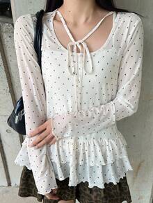 FRIFUL 女士波点印花荷叶边长袖衬衫，夏季 - 白色 - 查看 4