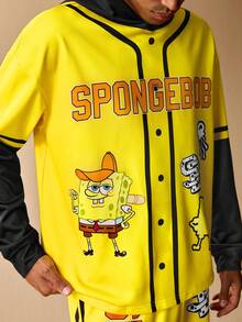 SpongeBob SquarePants | SHEIN Męski komplet z kapturem i spodniami w bloki kolorów i kreskówkowym wzorem - Czarne - Zobacz 4