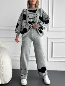 EURMUSE Women's Casual Heart Pattern Knitted Sweater And Pants 2 Pieces Set, Autumn/Winter - Grey - View 3
