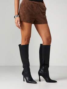 MISSGUIDED High Rise Suede Tailored Shorts With Cuffed Hem Detail For Fall Winter - Coffee Brown - View 4