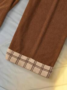 Franclia Plus Size Autumn Brown Corduroy Pants,Chocolate Brown,Smart Casual,Everyday Pants With Waist Belt Patchwork Pockets Earthy Lounge Autumn/Winter Fall - Brown - View 4
