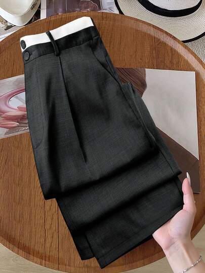 SHEIN PETITE Plus Size Women Contrast Waistband Straight Leg Pants