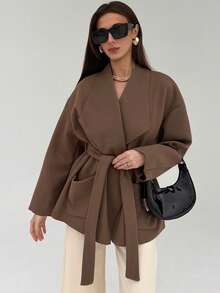 Aloruh 女士纯色极简长袖大衣，日常穿着的秋季服装，修身款式，是一款百搭的秋冬外套，非常适合约会和浪漫场合。 - 咖啡棕 - 查看 6