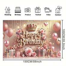 1pc Pink Floral Balloon Birthday Party Background With Crown Pearl Gift Box Design, Princess Birthday Party Background Cloth, Cake Table Decor, Photography Backdrop, Polyester Banner - Apricot - View 18