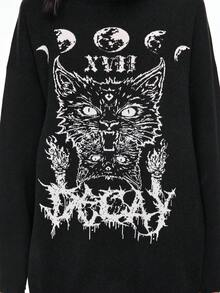 ROMWE Goth Suéter holgado con diseño desgastado de cabeza de gato gótico - Negro - Ver 4