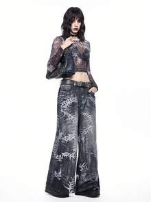 ROMWE Grunge Punk جينز واسع الساق مغسول بتصميم فتاة آلية مستقبلية - رمادي - مشاهدة 6