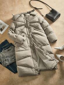 Anewsta Thick Long Hooded Quilted Women Jacket - Grey - View 1