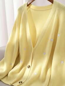 CosyJoli Plus Size Casual Heart Embroidered Cardigan Sweater/Winter - Yellow - View 4