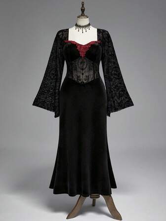 ROMWE Goth Christmas Plus Size Gothic Style Luxurious Velvet Floral Lace Patchwork Trumpet Sleeve Mermaid Dress, Autumn/Winter Plus Size Trumpet Sleeve Mermaid Hem Party Cocktail Formal Gown
