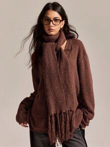 Easelle Vintage Casual Coffee Color Casual Loose Fit Long Sleeve Button Front Cardigan For Women Winter Clothes For Women New Year  Christmas - Coffee Brown - View 3