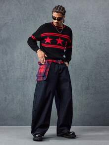 ROMWE MEN Street Life Men's Fashionable Street-Style Plaid Loose Fit Slant Pocket Distressed Jeans - Blue - View 7