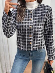 EMERY ROSE 秋冬新款格纹面料圆领长袖优雅时尚优雅外套，适合多种场合 - 彩色 - 查看 3