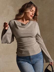 Elegantrix 大码女式宽松领喇叭袖收腰褶皱雪纺针织休闲上衣，秋冬款 - 杏色 - 查看 4