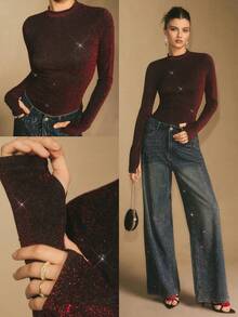 Poéselle Women's Elegant Fashionable Burgundy Rhinestone Fitted Long Sleeve T-Shirt ,With Thumb Hole, Sparkly Top, New Year, Elegant Women's Top, Christmas Party ,Party, Elegant Party, Suitable For Daily Wear, Party, Going Out, Commuting, Fall/Winter - Burgundy - View 4