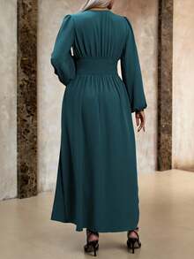 Roveilla Plus Size Women's Solid Color Criss-Cross V-Neck Lantern Sleeve Ruffle Waist Slit Hem Elegant Dress Maxi Women Outfit Teal Dressgreen Long Sleeve Dressteal Blue Dressplus Size Green Dresslantern Sleeve Dress - Teal Blue - View 2
