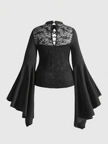 ROMWE EDITION Christmas Plus Size Gothic Lace Sexy Hollow Design Flare Sleeve Top - Black - View 2