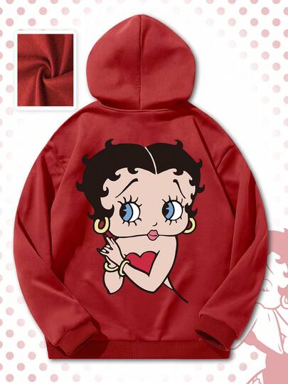 Betty Boop | ROMWE Sudadera con capucha con cremallera en fucsia con gráfico de dibujos animados, cómoda para otoño/invierno para hombres