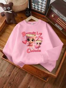 Sudadera de cuello redondo con estampado minimalista de corazón, bailarina y café, versátil y casual para niñas preadolescentes. Cómoda para salidas, actividades al aire vuelta al cole en otoño. - Rosa - Ver 3
