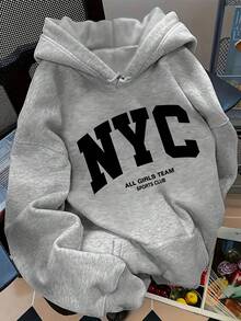 Sudadera para mujer estilo deportivo casual americano estampado de letras ajuste holgado con capucha manga larga otoño invierno uso diario sudadera - Gris - Ver 1