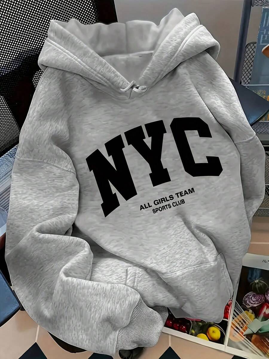 Sudadera para mujer estilo deportivo casual americano estampado de letras ajuste holgado con capucha manga larga otoño invierno uso diario sudadera - Gris - Ver 1