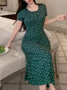 DAZY 碎花束腰长款睡裙，女士睡衣连衣裙 - 綠色 - 查看 3