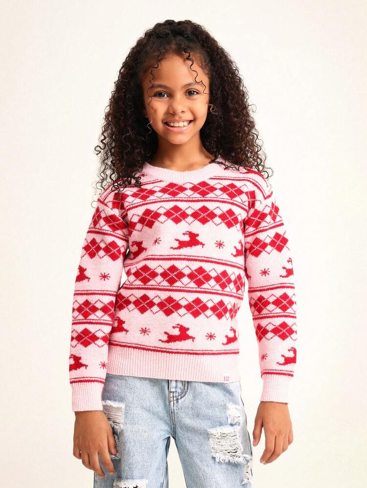 Fairisle Knit Sweater With Reindeer Print