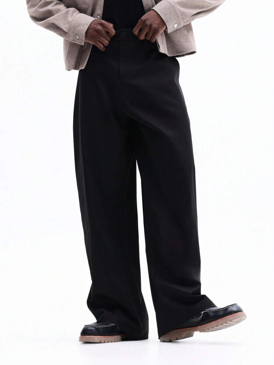 SUMWON 经典阔腿裤，宽松休闲裤，舒适日常下装，现代简约风格 - 黑色 - 查看 1