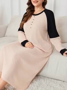 Lacomfia Váy len dệt kim tay raglan phối màu cho nữ, dáng rộng, cổ tròn, cỡ lớn, dài - Bụi hồng - Xem 1