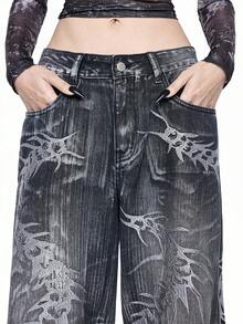 ROMWE Grunge Punk جينز واسع الساق مغسول بتصميم فتاة آلية مستقبلية - رمادي - مشاهدة 5