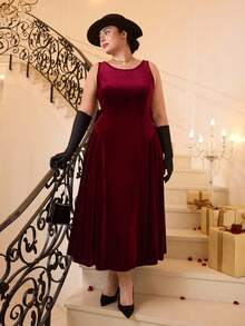 Plus Size Vintage Red Open Back Bow Tie A-Line Midi Dress, Wedding Dress, Date Dress, Valentine's Day Dress - Red - View 9