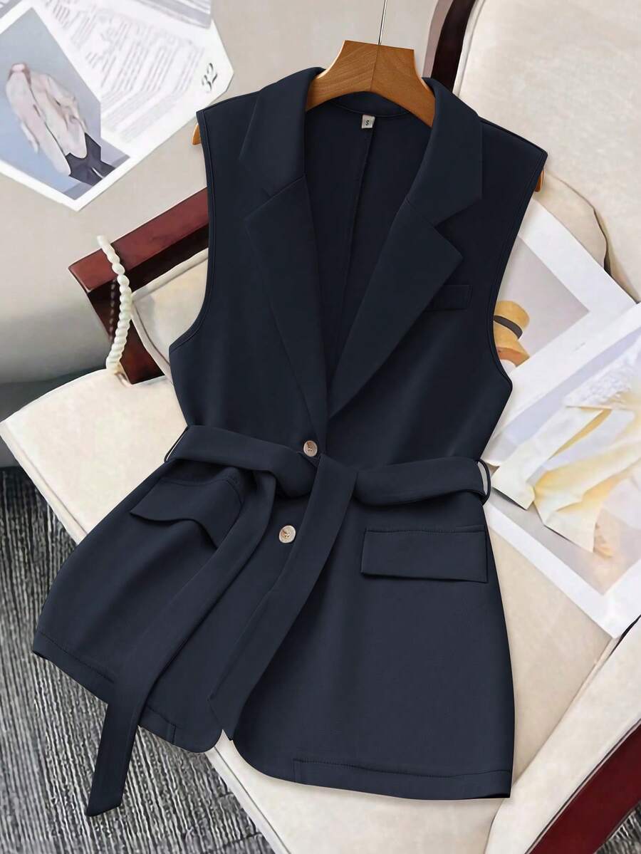 Áo khoác blazer không tay đơn sắc thiết kế thắt lưng ve rách dành cho nữ - Màu xanh hải quân - Xem 1