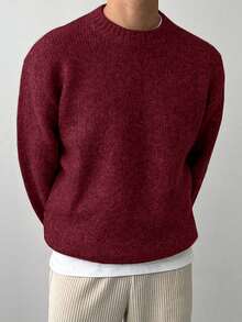 DAZY 男士纯色酒红色圆领毛衣，秋季 - 紅色 - 查看 4